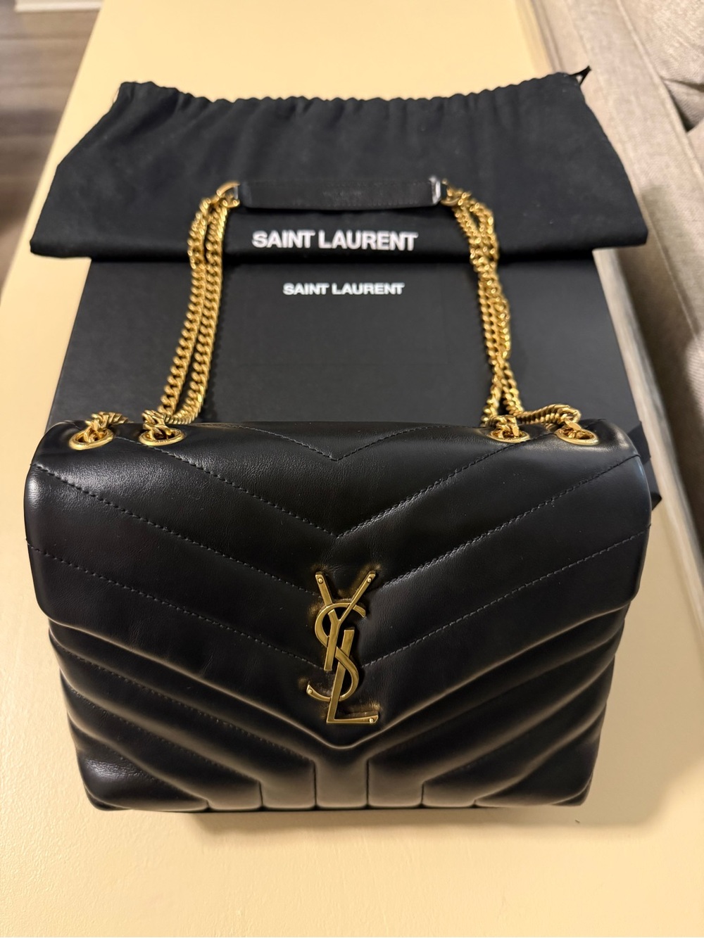 Saint Laurent Loulou Small - Black Quilted Leather Shoulder Bag with Gold Chain